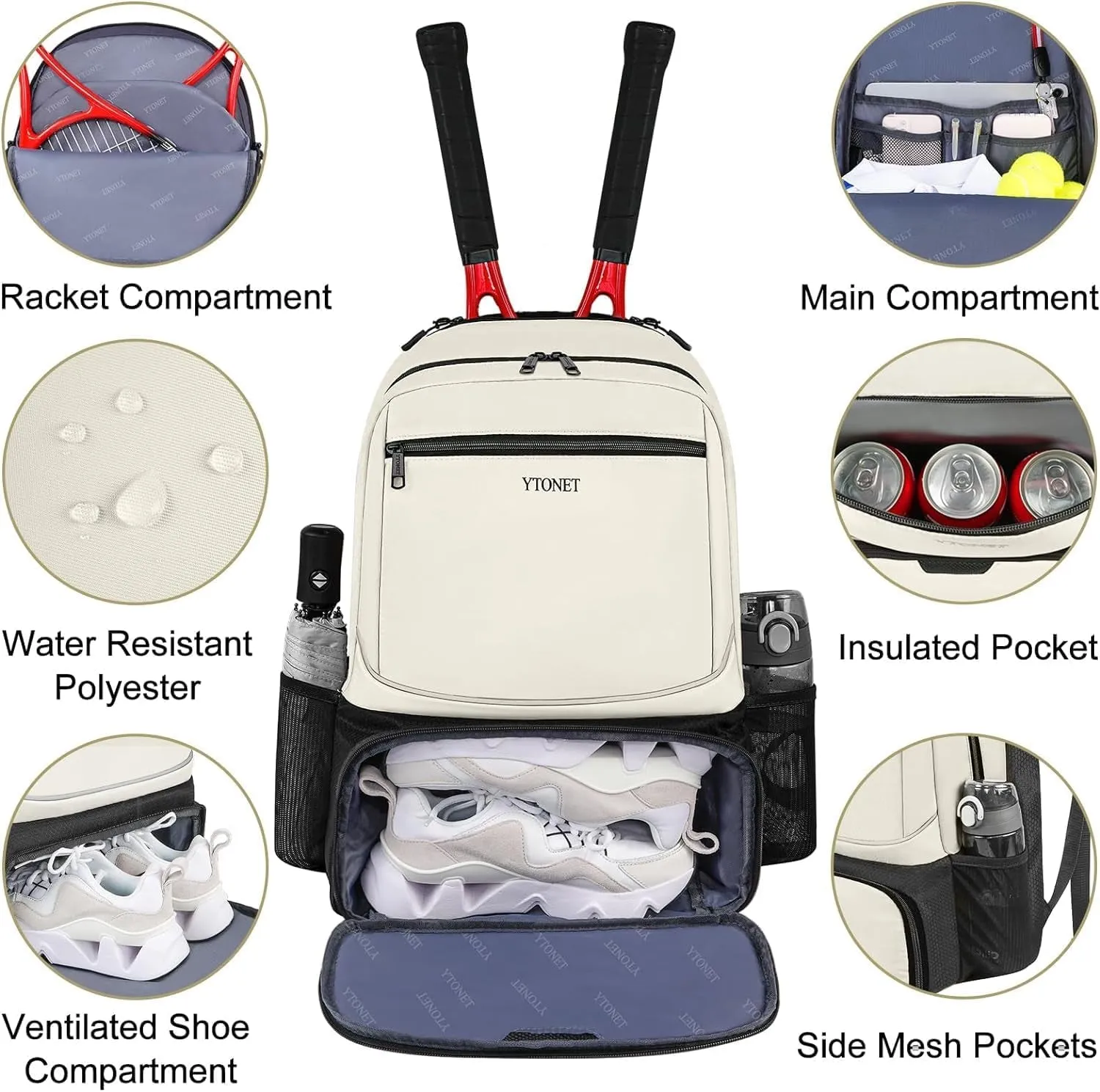 Tennis Backpack for Women Men Holds 2 Rackets with Insulated Pocket Ventilated Shoe Compartment