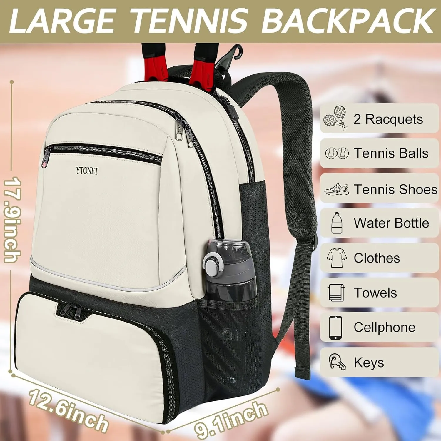 Tennis Backpack for Women Men Holds 2 Rackets with Insulated Pocket Ventilated Shoe Compartment