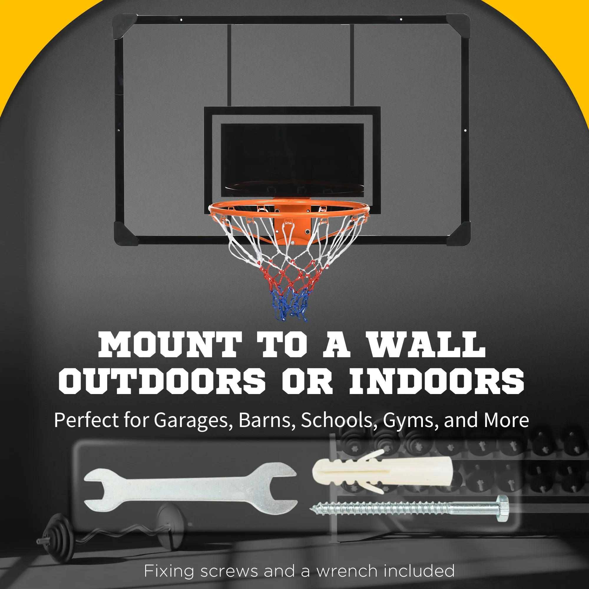 Wall Mounted Mini Basketball Hoop with 45" x 29" Backboard, Rim and All-Weather Net for Indoor and Outdoor Use