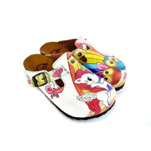 White and Pink Colored Unicorn Patterned, Colorful Cute Owl Patterned Clogs - WCAL369