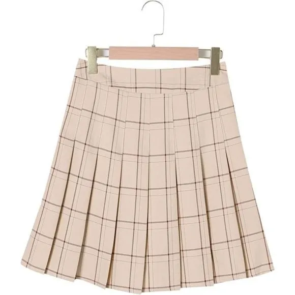 Women Girls Short High Waist Pleated Skater Tennis Skirt C_Beige Stripes