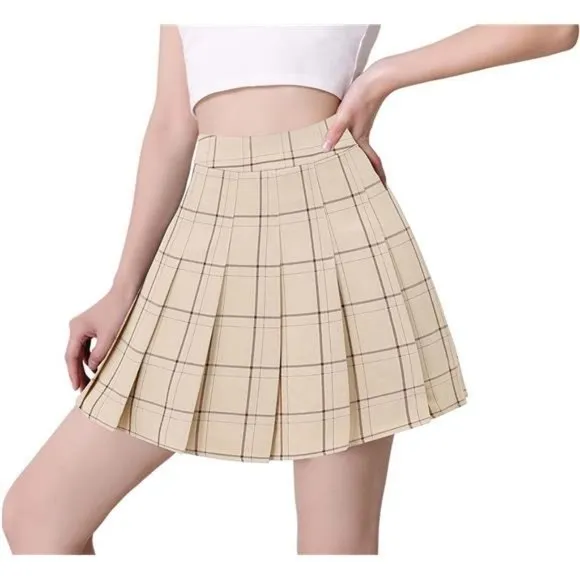 Women Girls Short High Waist Pleated Skater Tennis Skirt C_Beige Stripes