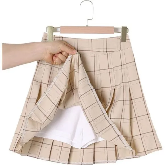 Women Girls Short High Waist Pleated Skater Tennis Skirt C_Beige Stripes