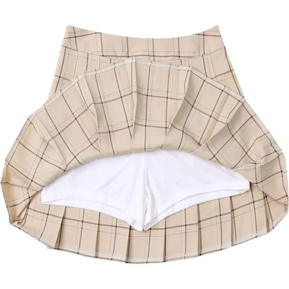 Women Girls Short High Waist Pleated Skater Tennis Skirt C_Beige Stripes