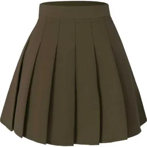 Women Girls Short High Waist Pleated Skater Tennis Skirt Khaki