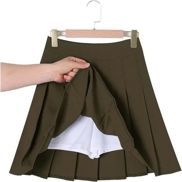Women Girls Short High Waist Pleated Skater Tennis Skirt Khaki
