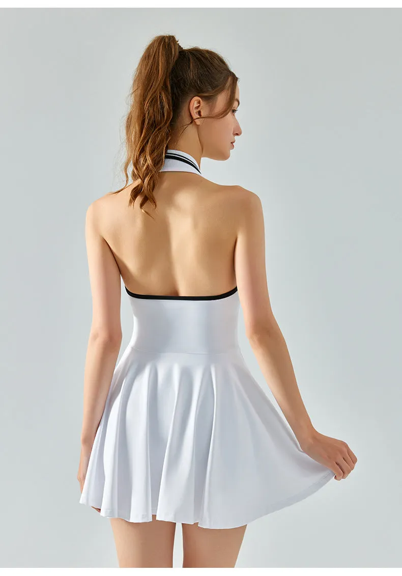 Women Tennis Dress – Halter Neck, Open Back, Built-In Shorts