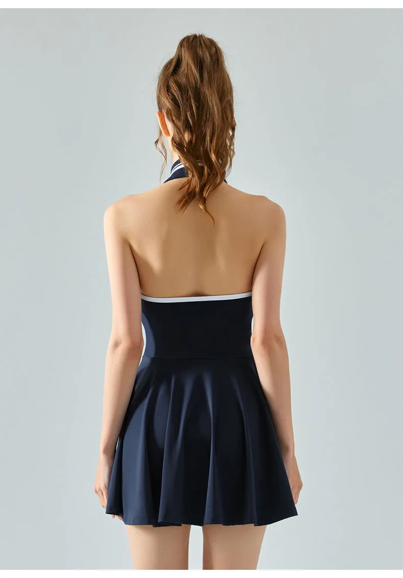 Women Tennis Dress – Halter Neck, Open Back, Built-In Shorts