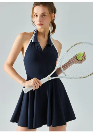 Women Tennis Dress – Halter Neck, Open Back, Built-In Shorts