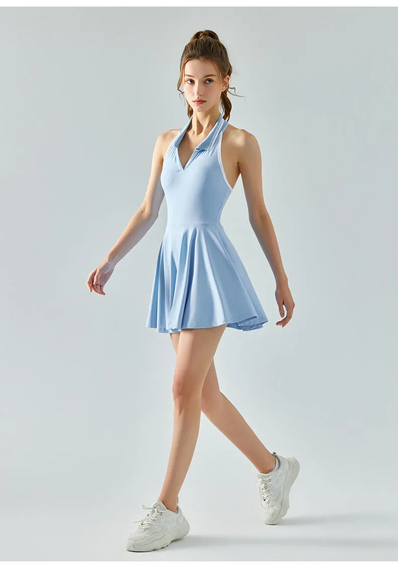 Women Tennis Dress – Halter Neck, Open Back, Built-In Shorts