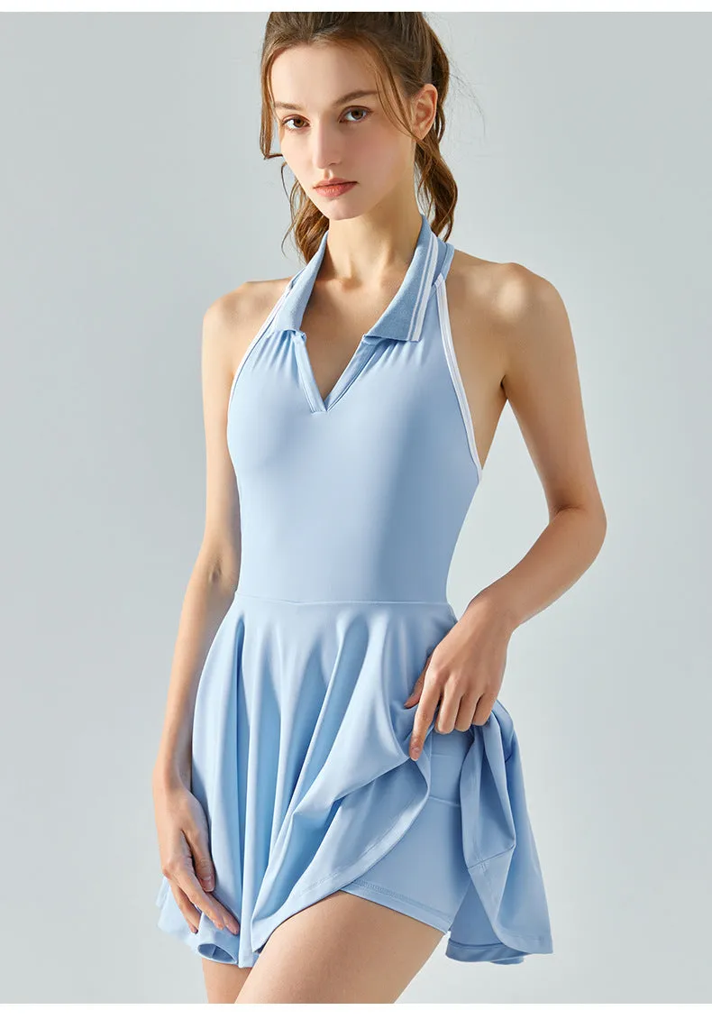 Women Tennis Dress – Halter Neck, Open Back, Built-In Shorts