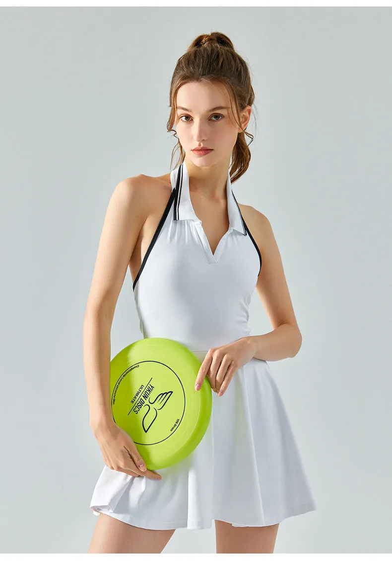 Women Tennis Dress – Halter Neck, Open Back, Built-In Shorts